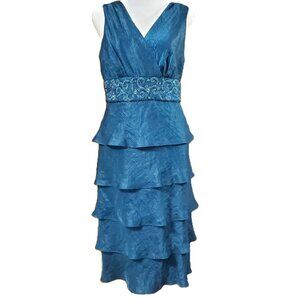 Dress Barn Teal Tiered Sleeveless Dress Beaded Iridescent Size 8